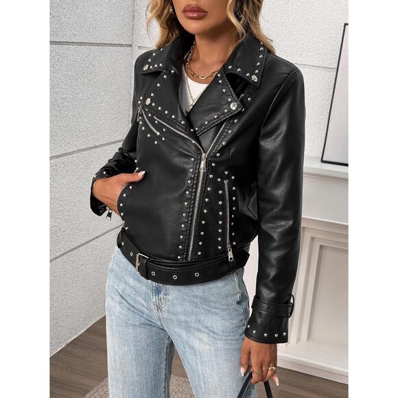 Women's Studded Faux Leather Moto Jacket Black PU Biker with Rivets Punk Black - Picture 5 of 7